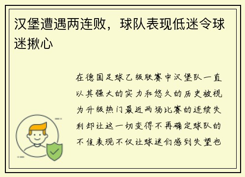 汉堡遭遇两连败，球队表现低迷令球迷揪心